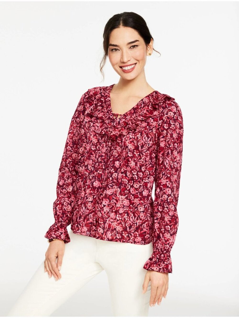 Talbots Blouse Top Plus Size 2X Ruffle Red Pink Floral Print 100% Cotton Long Sl
